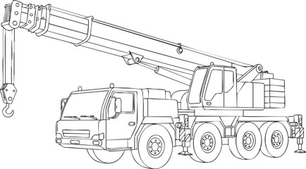 Outline vector illustration of a mobile crane vehicle for construction and industrial applications