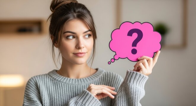 Intriguing Ponderance: A thoughtful woman gazes at a pink thought bubble, hinting at a moment of reflection and a world of possibilities.