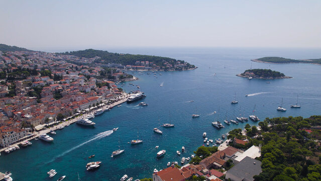 Aerial View of Hvar Harbor with Boats and Islands Croatia - Powered by Adobe