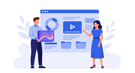Business team analyzing data on a digital dashboard interface.