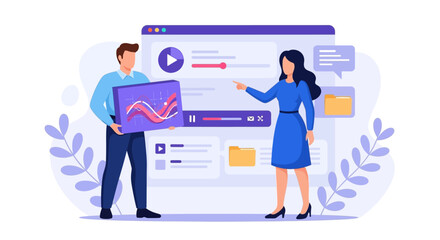 Man and Woman Collaborating on a Digital Video Project.