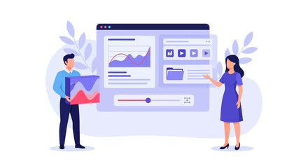 Two people interacting with a large digital interface displaying data and media files.