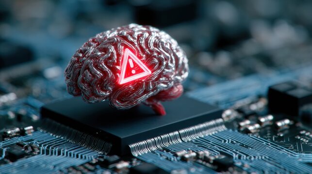 Futuristic AI Brain Exhibiting System Error Signals on a Circuit Board Displaying Signs of Malfunction