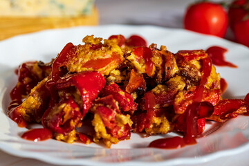 Fried red peppers with eggs, cheese, and fresh tomatoes served on a rustic plate. A colorful and delicious homemade dish full of Mediterranean flavor, perfect for breakfast or lunch. 