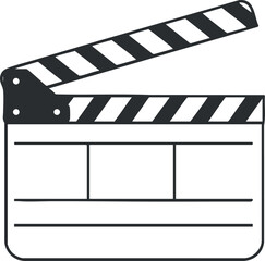 Minimalist black and white vector illustration of a clapperboard symbolizing film production and cinema projects