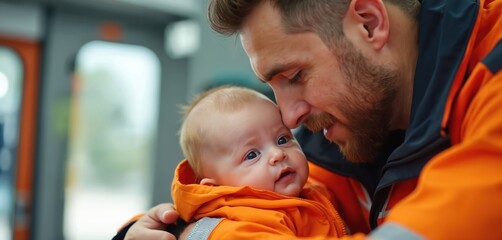 Paramedic in orange uniform holds a newborn baby in ambulance vehicle. Medical professional comforts infant with gentle touch during emergency transport. Caring for tiny child.