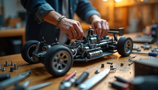 Person builds detailed model car engine on wood table with tools. Close up hands assemble tiny parts of hobby vehicle. Focus on precision engineering and mechanical craft. - Powered by Adobe