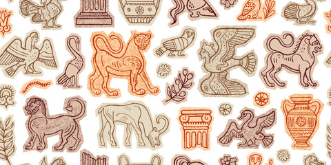 Ancient Roman and Greek seamless pattern. Statue from Greece and Rome. Mythology old art of broken column vase sun siren olive. Archeology and Museum vintage collage. Ancient seamless. Greek Roman bg