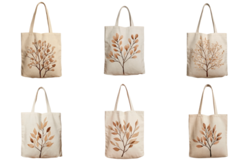 Set of canvas tote bags with botanical prints isolated on a transparent background