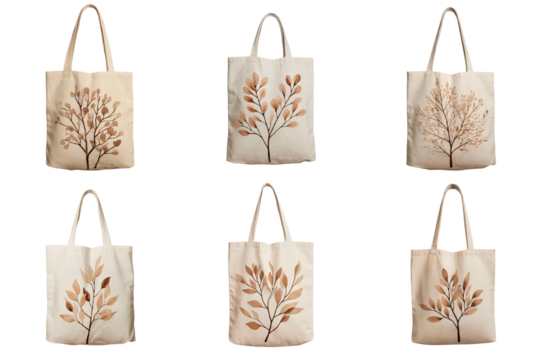 Set of canvas tote bags with botanical prints isolated on a transparent background