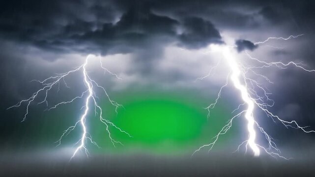 Dramatic lightning strikes with dark stormy clouds against green screen background, perfect for compositing and visual effects, creating powerful scenes