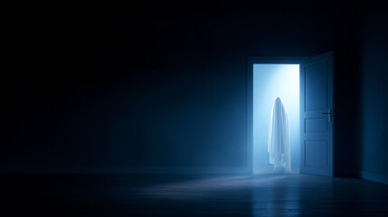 Obraz premium A dimly lit room features an open door with a glowing blue light. A ghostly figure draped in a white sheet stands just inside the doorway, creating an eerie atmosphere during the night