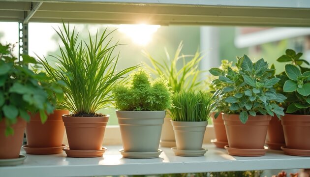 Assorted potted plants sit on a shelf receiving morning sun. Green plants varies in shape and size, offering a natural indoor decor display. Plants arranged for sale at a garden market.