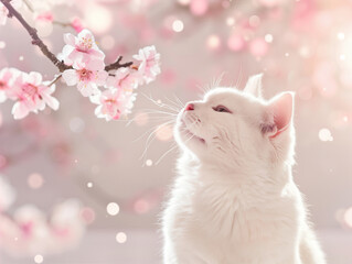 white cat looking up at cherry blossoms in soft pink spring light
