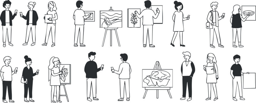 Line art vector illustration of people at an art exhibition engaging with various artworks and technology