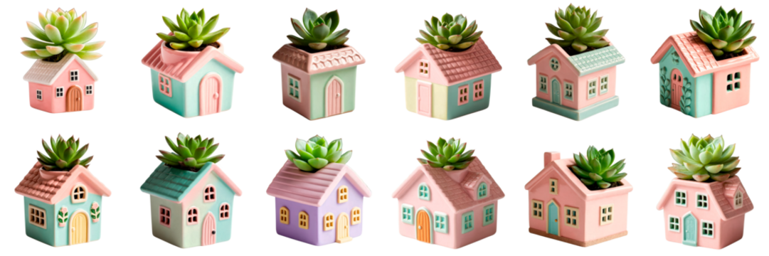 Cute succulent house plant pots set isolated on transparent background for home decor
