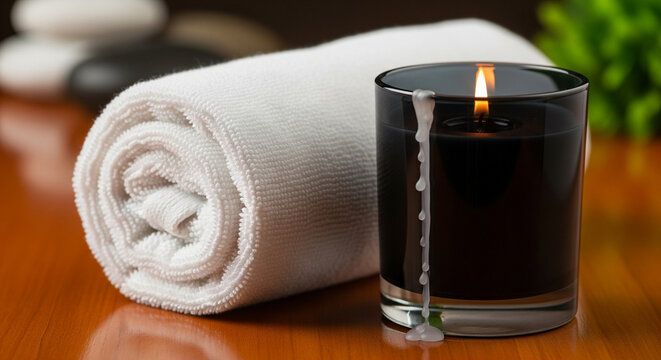 High-End Serenity: Modern Candle and Rolled White Linen
This high-quality stock image presents a scene of sophisticated tranquility, ideal for luxury branding and spa services