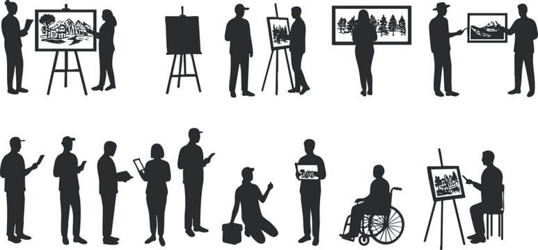 Silhouette vector illustration of artists showcasing their work in various scenes, ideal for art-related projects and designs