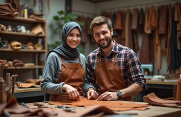Smiling young man, woman in hijab work with leather. Crafting custom handmade goods in vibrant pro atelier. Skilled artisans create unique quality products, running small successful business. Couple