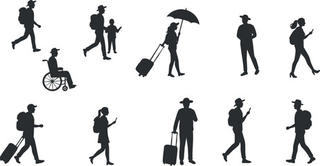 Silhouette vector icon set showing diverse people traveling with luggage, walking, and engaging in various activities for design and branding projects