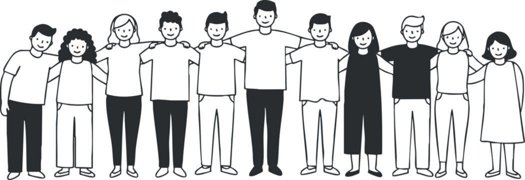 Black and white vector illustration depicting a diverse group of people standing together, symbolizing unity and friendship.