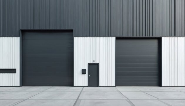 Modern warehouse exterior features large dark grey roll up doors and a smaller dark door. Building has white and grey corrugated metal siding and concrete pavement in front.