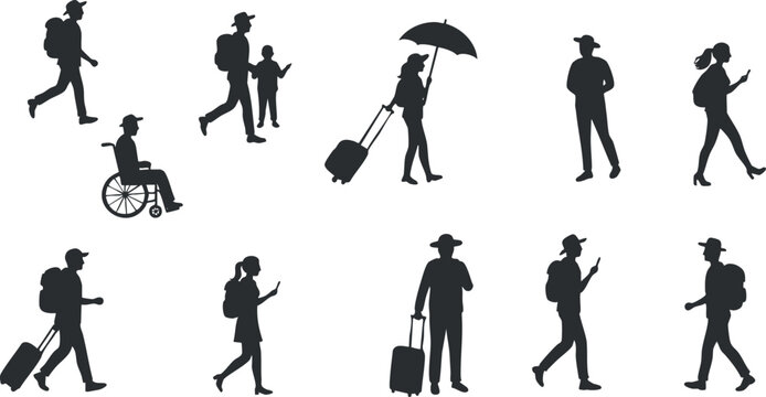Silhouette vector icon set showing diverse people traveling with luggage, walking, and engaging in various activities for design and branding projects