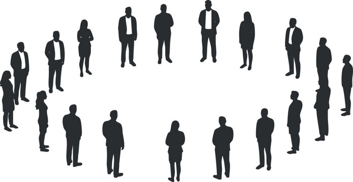 Silhouette vector illustration of diverse business professionals gathered in a circular formation for teamwork and collaboration. - Powered by Adobe