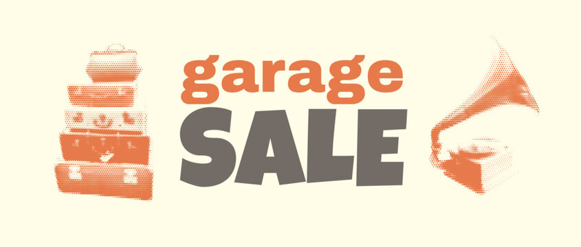 Vintage Garage Sale Vector Illustration with Halftone Effect Featuring Retro Objects