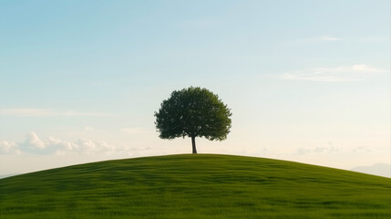 Fototapeta premium Nature Background Green hill landscape with single tree under blue clear sky