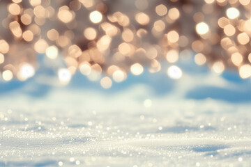 winter background, soft snow surface with golden bokeh lights and warm winter glow