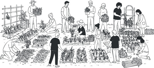 Detailed black and white vector illustration of a community gardening scene with diverse people planting and harvesting vegetables