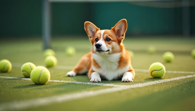 Corgi dog lies at tennis court. Dog rests near tennis balls on the green court. Cute pet poses and has fun outdoor. Healthy lifestyle with a dog.