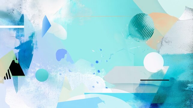 Abstract geometric composition in shades of blue and turquoise creating a modern pastel art background with dynamic shapes and grunge textures