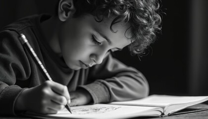 Young boy concentrates intently on his drawing in a notebook. He holds a pencil, focused on creating art. His curly hair frames his thoughtful expression as he sketches ideas.