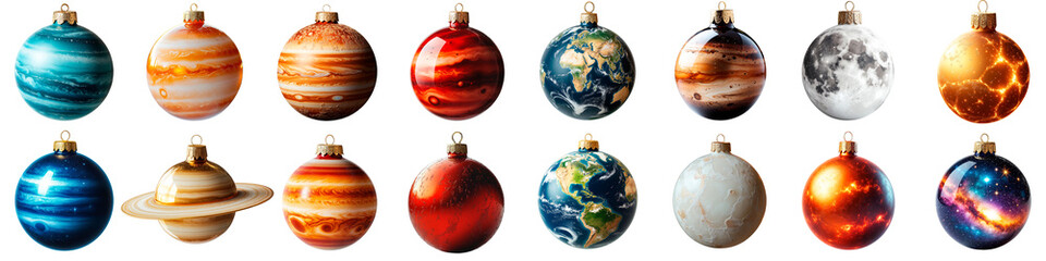 Planetary Christmas baubles set isolated on transparent background