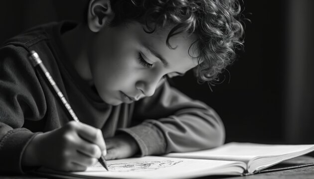 Young boy concentrates intently on his drawing in a notebook. He holds a pencil, focused on creating art. His curly hair frames his thoughtful expression as he sketches ideas.