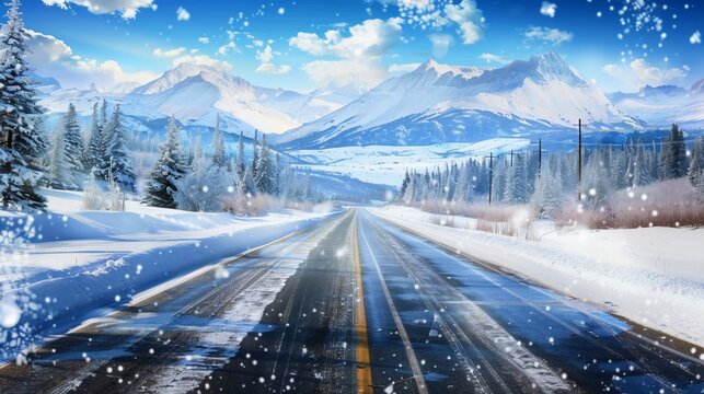 Winter road stretches toward snowy mountains with pine trees and light snow falling - Powered by Adobe