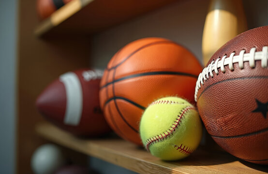 Assorted sports balls including basketball, football, and softball sit on a wooden shelf indoors. This collection represents diverse athletic gear ready for play or training.