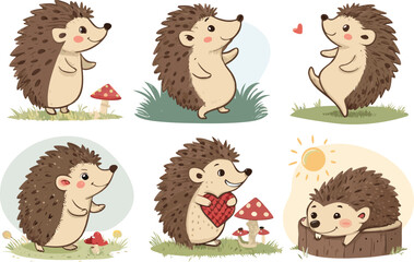 Charming hedgehogs in whimsical forest scenes, perfect for kids' designs
