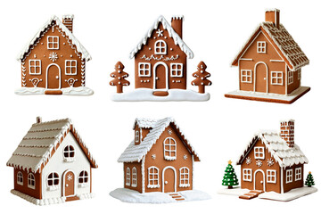Gingerbread houses set isolated on transparent background