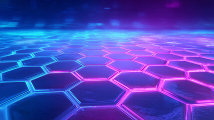 Naklejka premium A striking scene of hexagonal shapes illuminated by bright pink and blue lights creates a dynamic and captivating visual