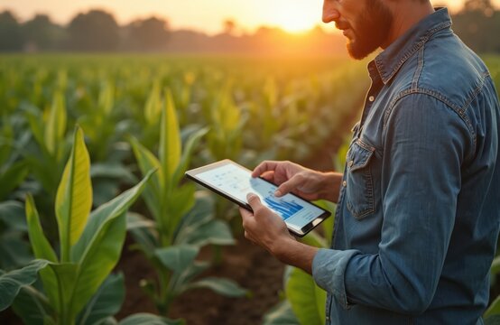 Farmer uses tablet in tobacco field at sunset. Man checks crop data, plans farming using tech. Modern agriculture management, digital farm insights.