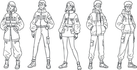 Stylish line art collection of five trendy characters in urban clothing, perfect for fashion design and branding projects