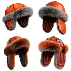 Set of stylish leather fur hats isolated on a transparent background