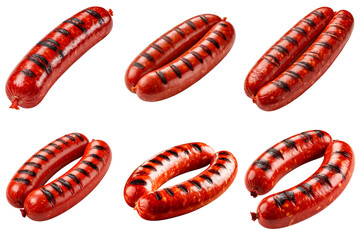 Set of grilled red sausages isolated on a transparent background