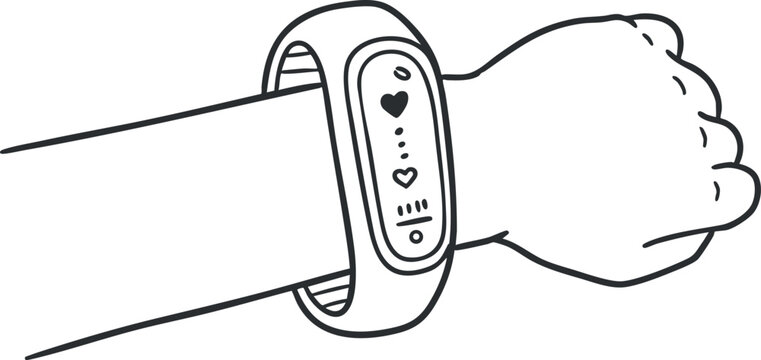 Outline vector illustration of a wearable fitness tracker on a wrist for health and activity monitoring