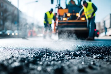 Ultra-low-angle, close-up of steaming new asphalt being laid on a city street, with blurred road construction workers and heavy machinery in the bright background.