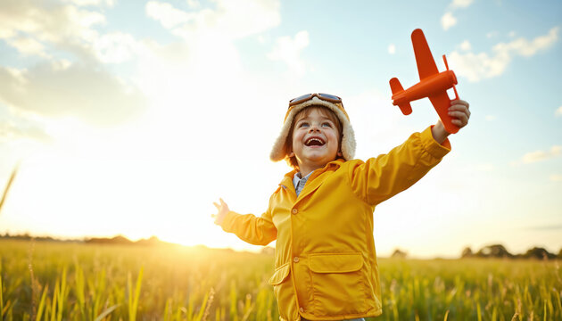 Little boy plays with toy plane. Happy child smiles, wears pilot hat, yellow jacket. Kid dreams of flying in sunny summer field. Small male holds airplane outdoors, imagines adventure.