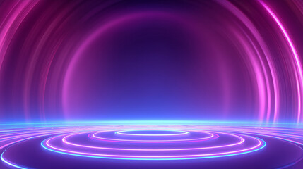 Glowing concentric circles expand outward from the center, surrounded by a stunning purple and blue gradient background. This dynamic scene captures the essence of a futuristic landscape